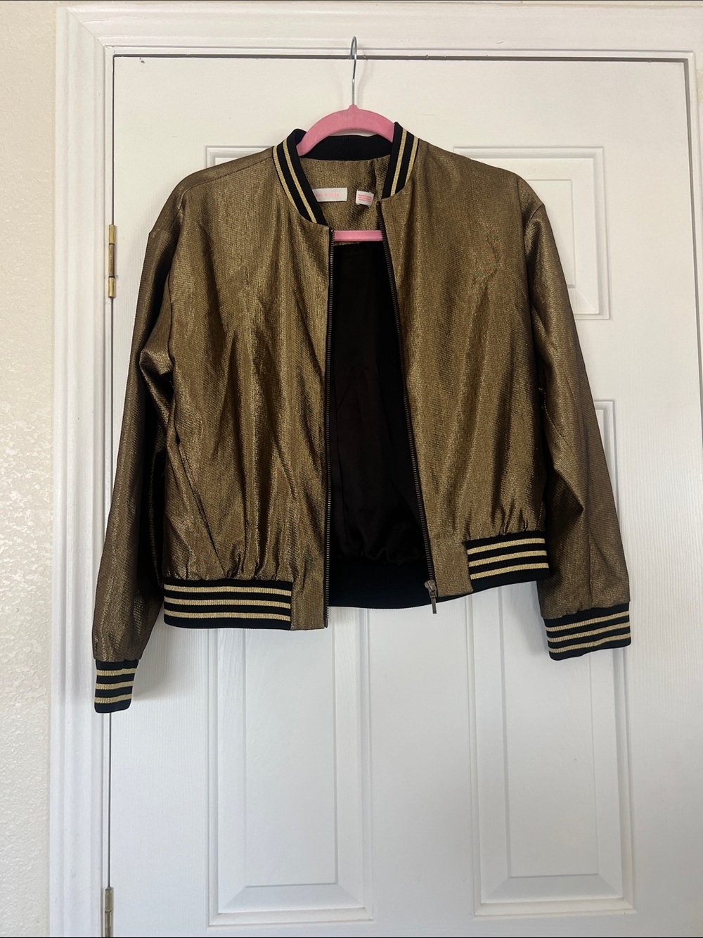 sass & bide Metallic Gold Bomber with Black Striped Trim